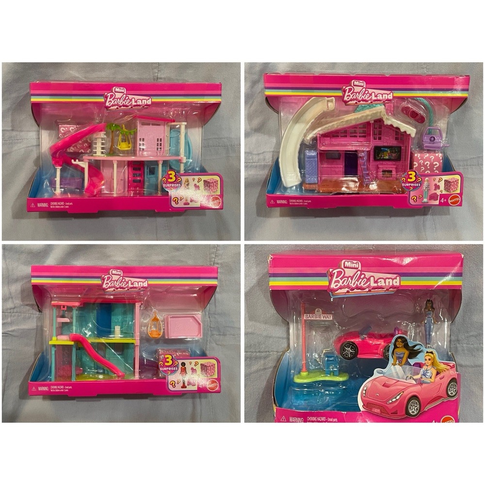 NEW Set of 4 Mattel Barbie Mini Barbieland Play Sets - Dreamhouse Chalet Car